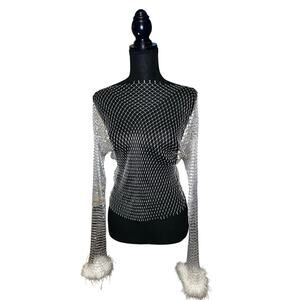 Long Sleeve Rhinestone Studded Stretch Net Mesh Top w/ Faux Fur Feather Cuffs